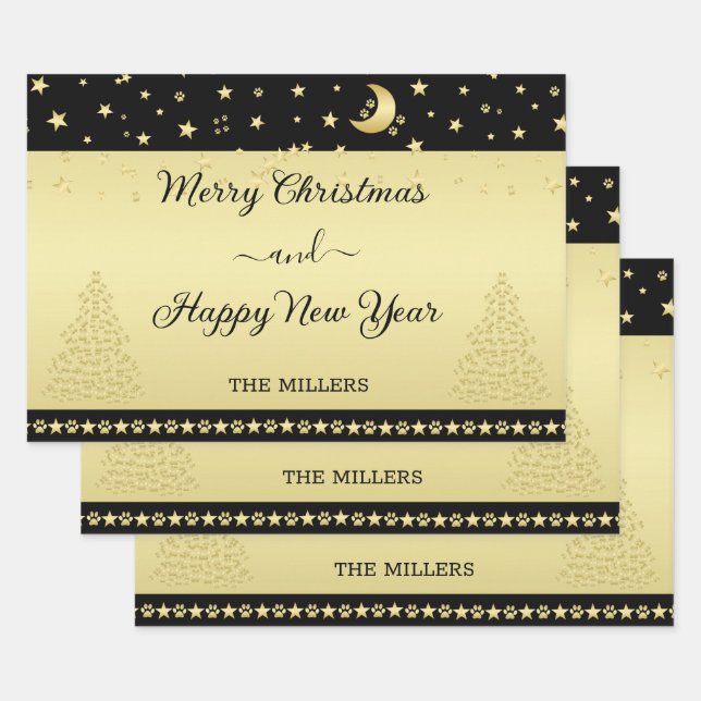 Gold glänzende Weihnachtssterne, Pfoten auf Gold u Geschenkpapier Set (Set)