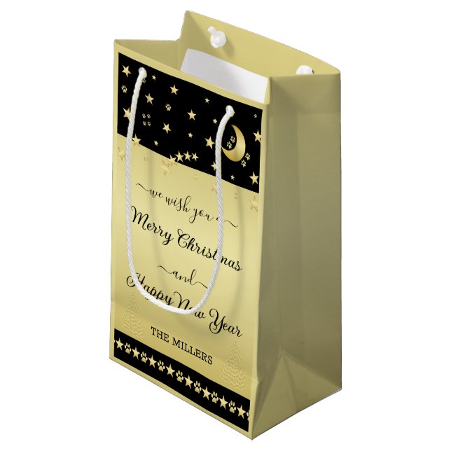 Gold glänzende Weihnachtssterne, Pfoten auf Gold u Kleine Geschenktüte (Vorderseite Schrägansicht)