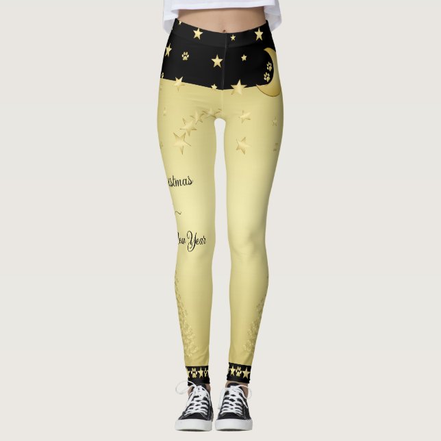 Gold glänzende Weihnachtssterne, Pfoten auf Gold u Leggings (Vorderseite)
