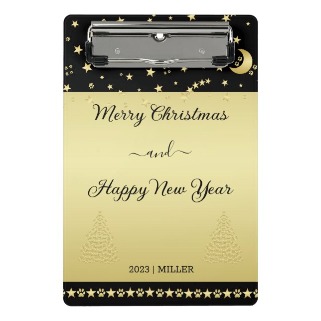 Gold glänzende Weihnachtssterne, Pfoten auf Gold u Mini Klemmbrett (Vorderseite)