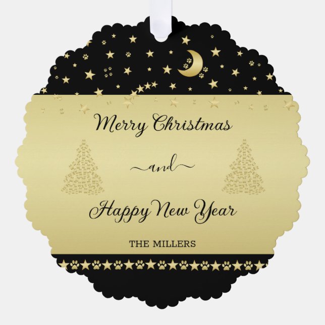 Gold glänzende Weihnachtssterne, Pfoten auf Gold u Ornament Karte (Vorderseite)