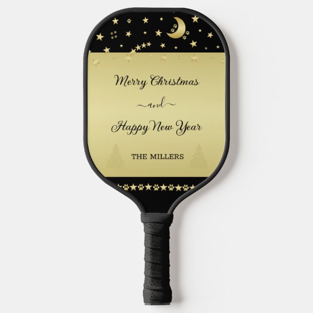 Gold glänzende Weihnachtssterne, Pfoten auf Gold u Pickleball Schläger (Vorderseite)