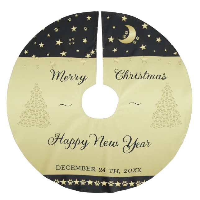 Gold glänzende Weihnachtssterne, Pfoten auf Gold u Polyester Weihnachtsbaumdecke (Vorderseite)