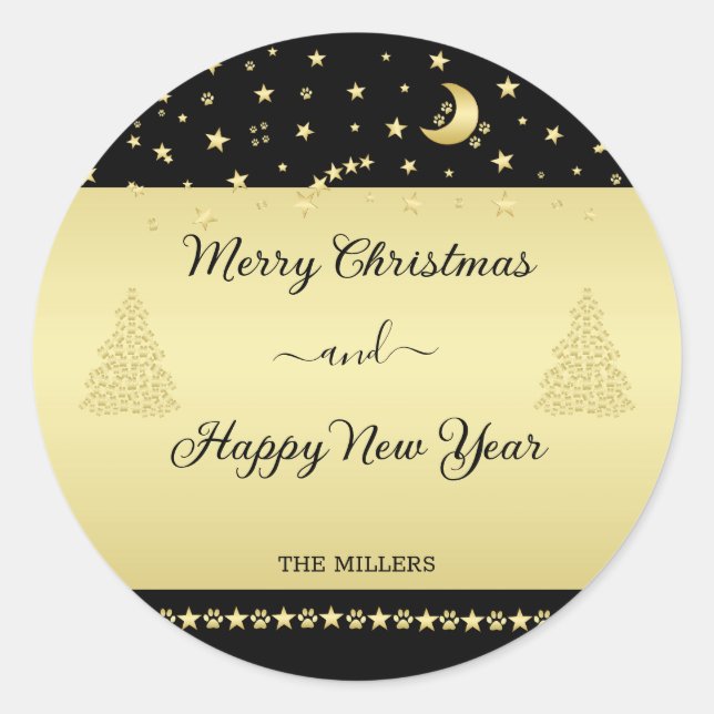 Gold glänzende Weihnachtssterne, Pfoten auf Gold u Runder Aufkleber (Vorderseite)