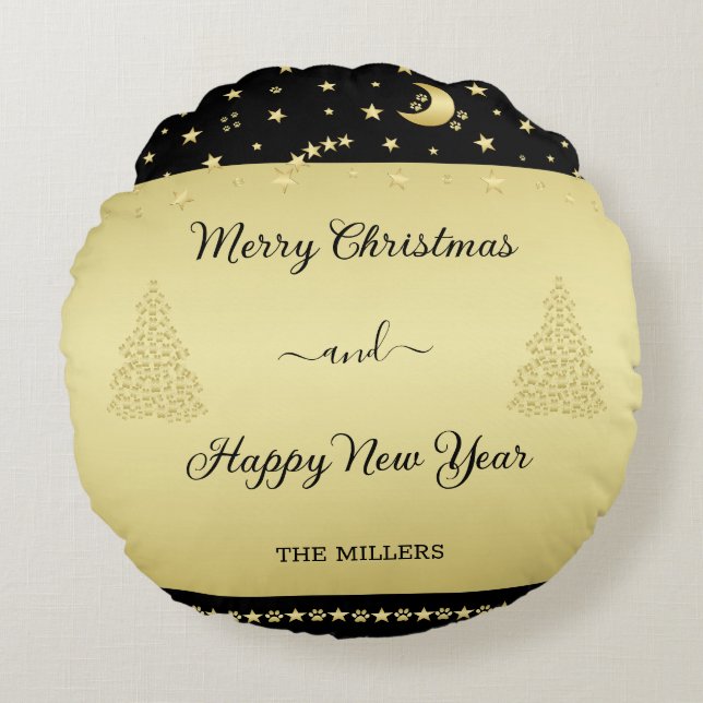 Gold glänzende Weihnachtssterne, Pfoten auf Gold u Rundes Kissen (Vorderseite)