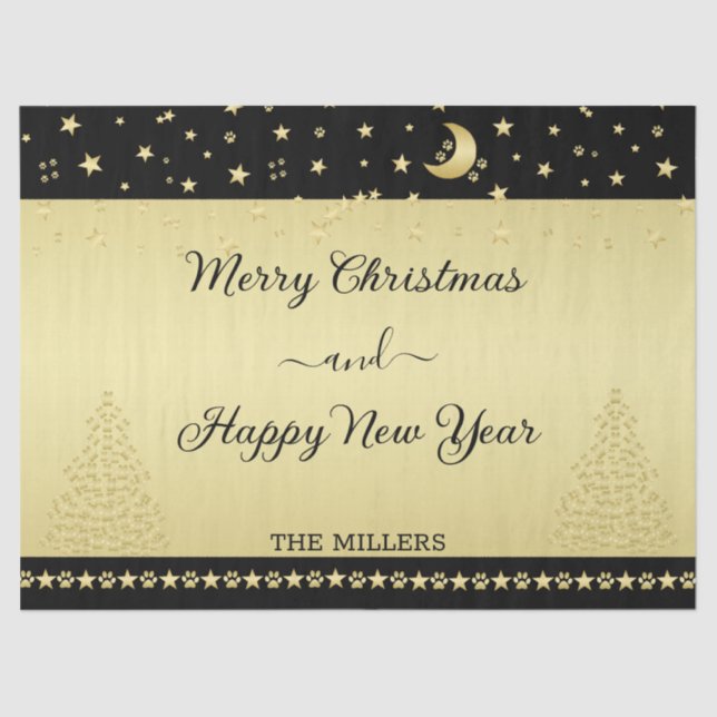 Gold glänzende Weihnachtssterne, Pfoten auf Gold u Seidenpapier (Vorderseite)