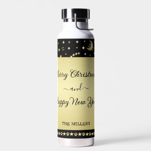 Gold glänzende Weihnachtssterne, Pfoten auf Gold u Trinkflasche