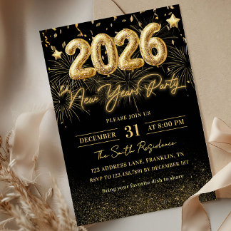 Gold Glitter 2026 New Year Party Invitation Einladung