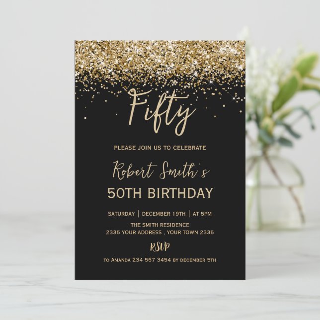 Gold Glitter 50th Surprise Birthday Party Black Einladung (Stehend Vorderseite)