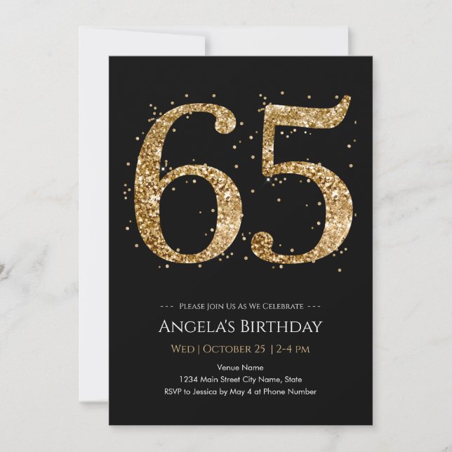 Gold Glitter 65. Geburtstag Einladung (Vorderseite)