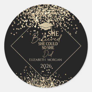 Gold Glitter Abschlusskappe, Konfetti Sie glaubte  Runder Aufkleber