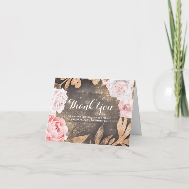 Gold Glitter and Pink Flowers Wedding Thank You Dankeskarte (Vorderseite)