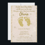 Gold Glitter Baby Shower Invitation Einladung<br><div class="desc">Looking for a matching thank you card? here it is: https://www.zazzle.com/glitter_footprint_baby_boy_thank_you_card-256170055775047261 Celebrate the upcoming arrival with this elegant and gender-neutral baby shower invitation. Featuring the sweet phrase "Twinkle Toes & Tiny Clothes, " this design showcases two sparkling gold glitter footprints against a beautiful cream background with a matching glitter border....</div>