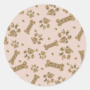 Gold Glitter Beige Rouge Pfoten Knochen Hundewelpe Runder Aufkleber