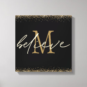 Gold Glitter Believe Schriftzug Monogramm Initial  Leinwanddruck