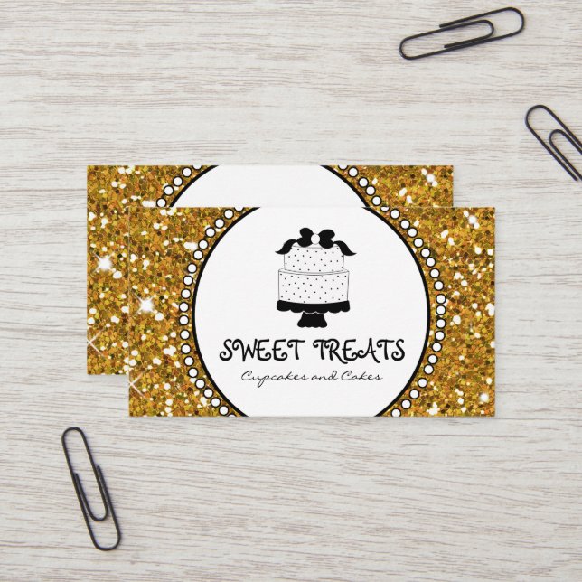 Gold Glitter Black Cake Bakery Business Cards Visitenkarte (Vorderseite/Rückseite Beispiel)