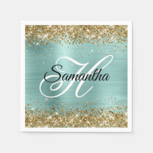Gold Glitter Blass Türkis Folie Monogramm Serviette