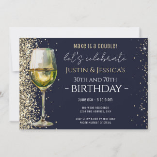 Gold Glitter Blau Doppelte Wein Geburtstagsfeier Einladung