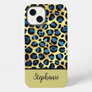 Gold Glitter Blau Leopardendruck Name iPhone 13 Hülle