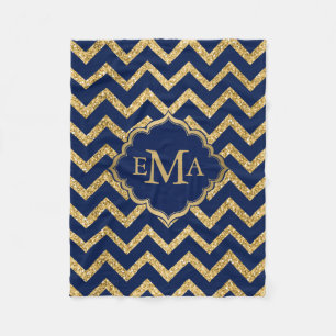 Gold Glitter Blaues Chevron-Zickzack-Muster-Monogr Fleecedecke