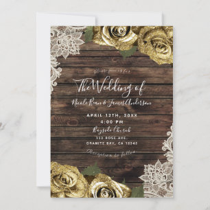 Gold Glitter Blumenrosen Rustikal Holz Creme Spitz Einladung