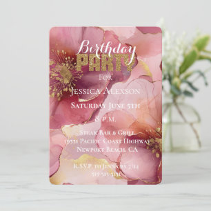 Gold Glitter Blush Burgunder Blumen Geburtstag  Einladung