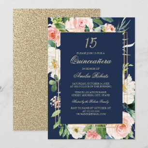 Gold Glitter Blush Navy Florales Quinceanera-Kleid Einladung