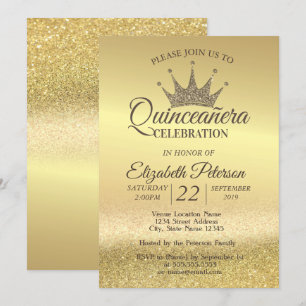 Gold Glitter Bokeh Ombre, Tiara, Quinceañera-Party Einladung