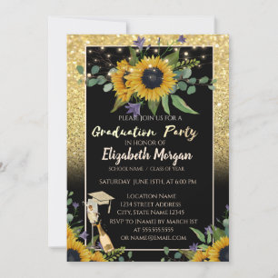 Gold Glitter Bokeh, Wein, Glas, Sonnenblumen Einladung