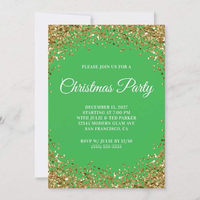 Gold Glitter Border Green Christmas Party Einladung (Vorderseite)
