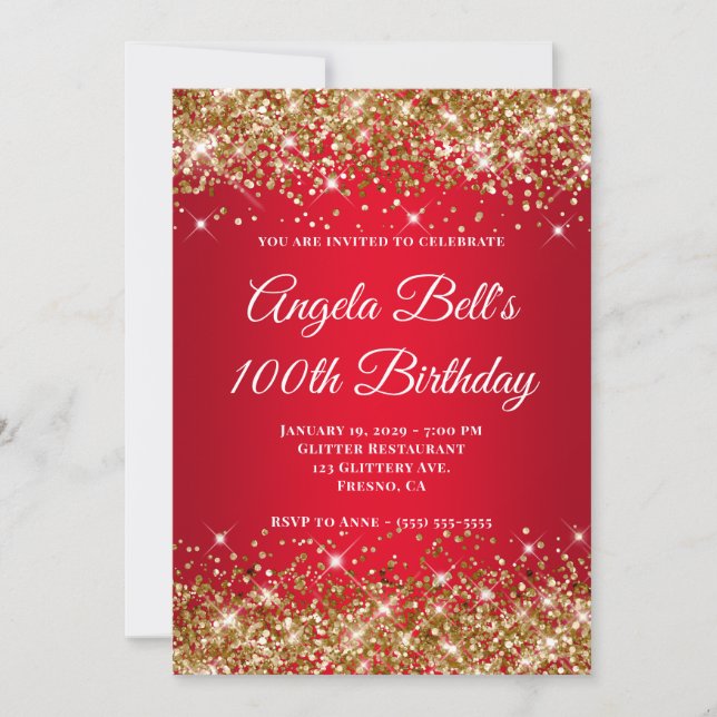 Gold Glitter Bright Red Ombre 100th Birthday Einladung (Vorderseite)
