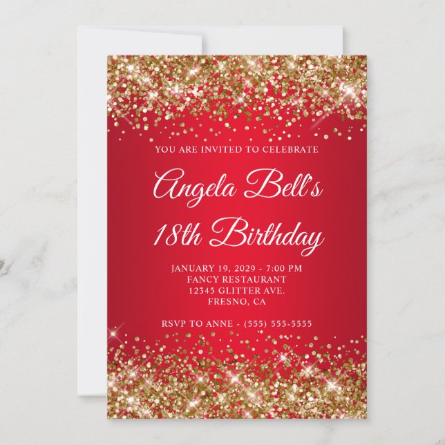 Gold Glitter Bright Red Ombre 18th Birthday Einladung (Vorderseite)