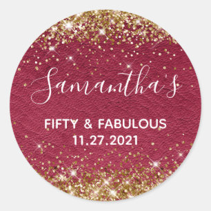 Gold Glitter Burgund Weinrot Leder Fifty and Fabul Runder Aufkleber