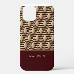 Gold Glitter Burgunder Diamantmuster Personalisier iPhone 12 Hülle
