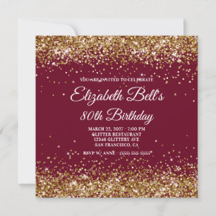 Gold Glitter Burgunderrot 80. Geburtstag Einladung