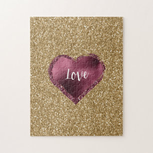 Gold Glitter Burgunderrot Herz Liebe Puzzle