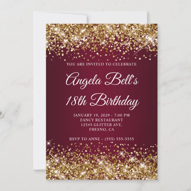Gold Glitter Burgundy Ombre 18th Birthday Einladung (Vorderseite)
