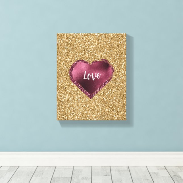 Gold Glitter Burgundy Red Heart Love Leinwanddruck (Insitu (Holzboden))