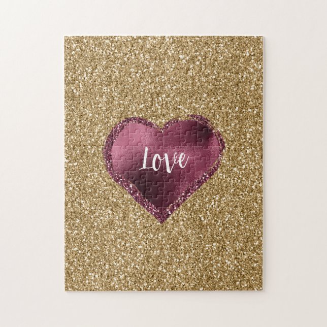 Gold Glitter Burgundy Red Heart Love Puzzle (Vertikal)