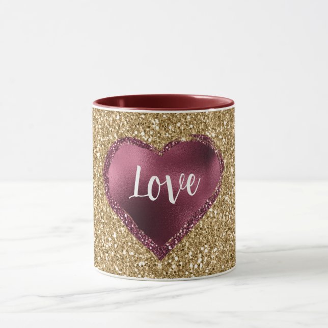 Gold Glitter Burgundy Red Heart Love Tasse (Zentrum)