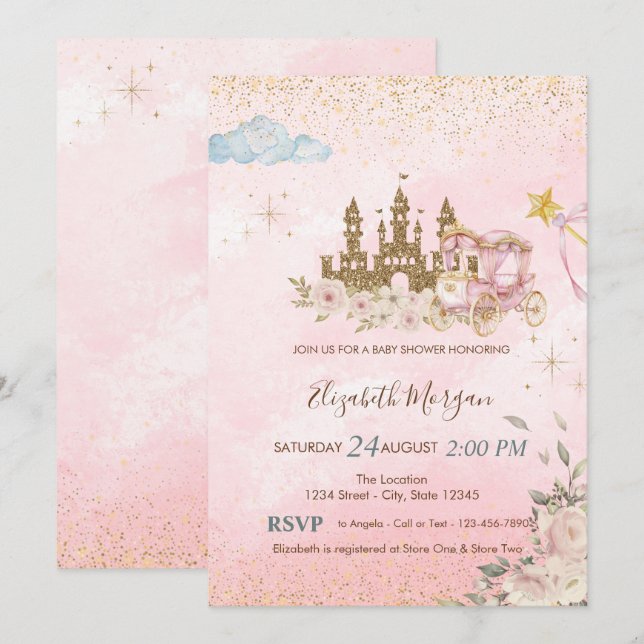 Gold Glitter Castle,FlowersCarriage Baby Shower  Einladung (Vorne/Hinten)