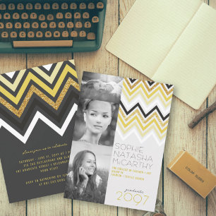 Gold Glitter Chevron Streifen Schicke Abschlussfei Einladung