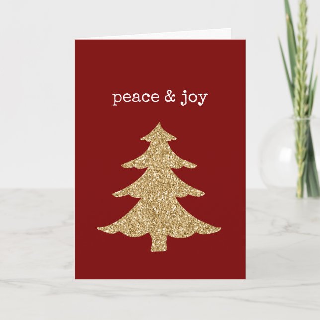 Gold Glitter Christmas Tree Red Peace Joy Karte (Vorderseite)