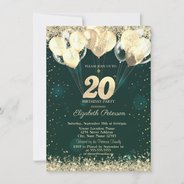 Gold Glitter Confetti Balloons Green 20th Birthday Einladung (Vorderseite)