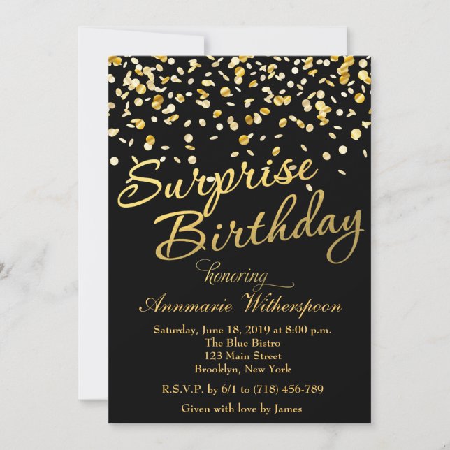 Gold Glitter Confetti Surprise Birthday Invitation Einladung (Vorderseite)