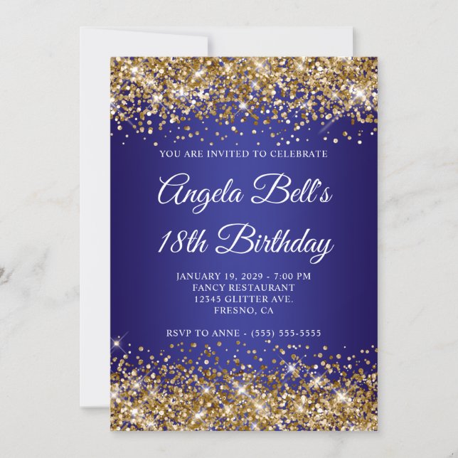 Gold Glitter Deep Blue Ombre 18th Birthday Einladung (Vorderseite)