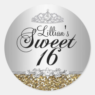 Gold Glitter & Diamant Tiara Sweet 16 Aufkleber
