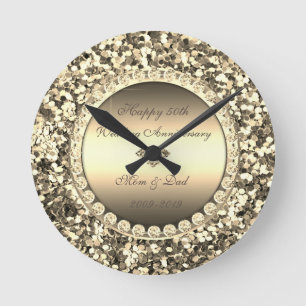 Gold Glitter Diamanten 50. Hochzeitstag Runde Wanduhr