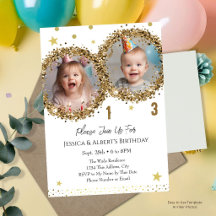 Gold Glitter Doppel-Geburtstags-Kinder-Foto-Einlad