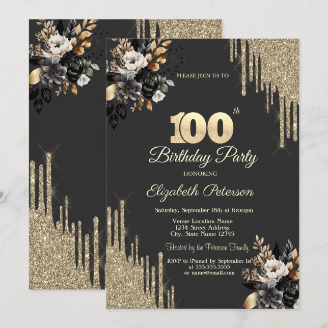 Gold Glitter Drips Black Roses Dark 100th Einladung (Vorne/Hinten)